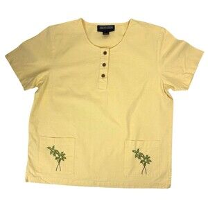 VTG EXCITATION Pastel Butter Yellow Embroiderd Palm Tree Cotton Resort Top LARGE